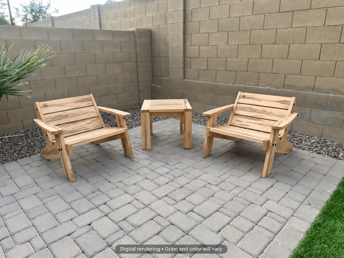 Digital rendering: Low Boy Adirondack Chair Pair with End Table in Ambrosia Maple / matte clear. Actual grain and color will vary.