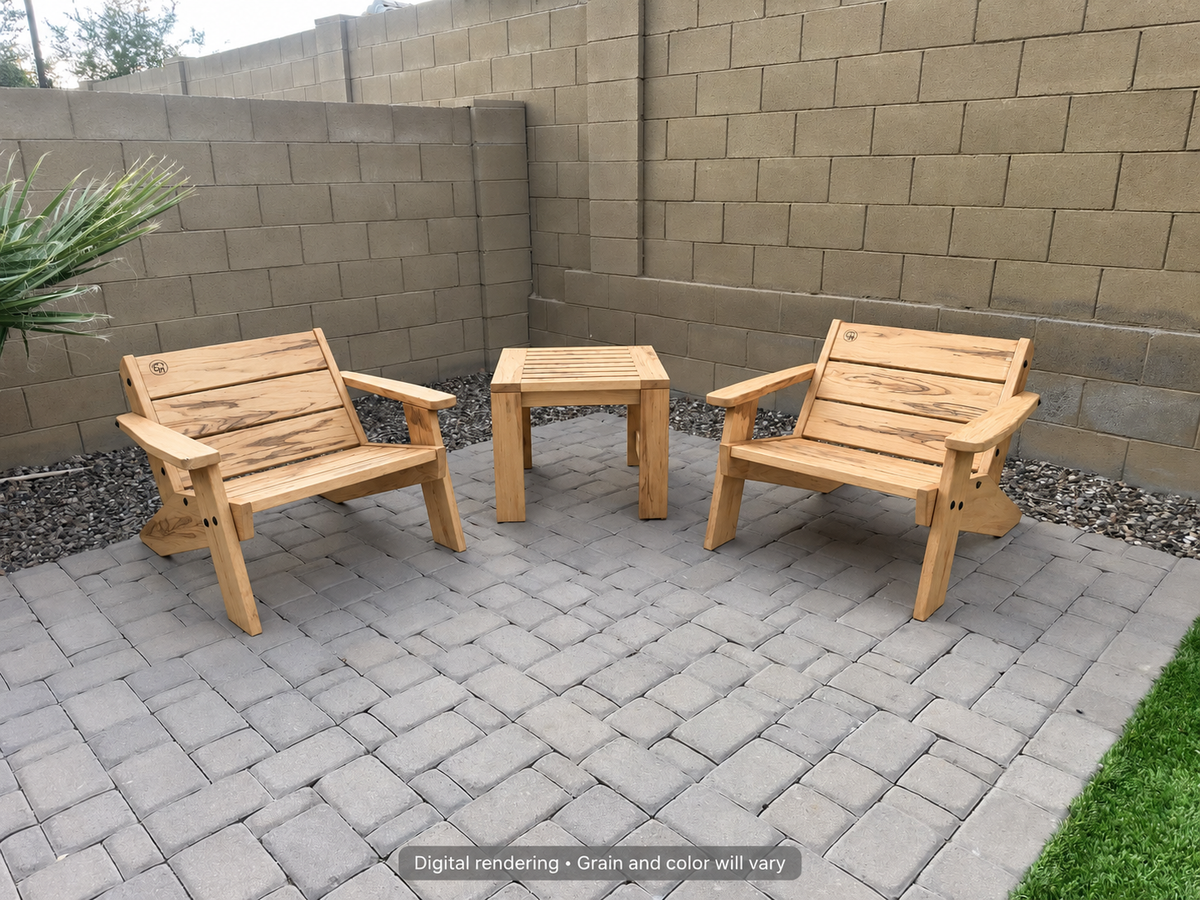 Digital rendering: Low Boy Adirondack Chair Pair with End Table in Ambrosia Maple / natural satin. Actual grain and color will vary.