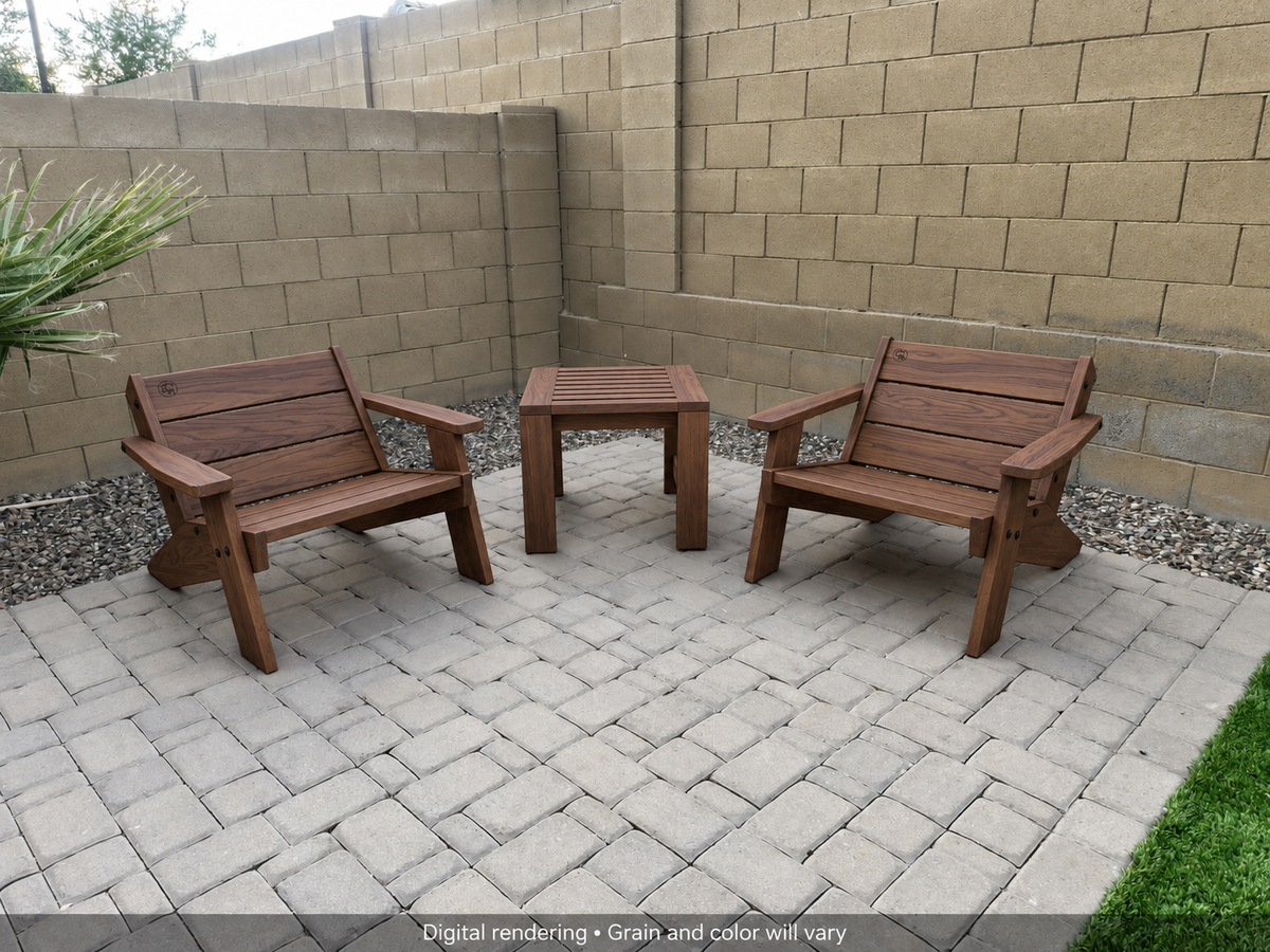 Digital rendering: Low Boy Adirondack Chair Pair with End Table in Black Walnut / matte oil. Actual grain and color will vary.