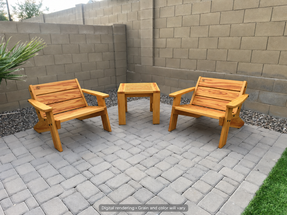 Digital rendering: Low Boy Adirondack Chair Pair with End Table in Canarywood / natural satin. Actual grain and color will vary.