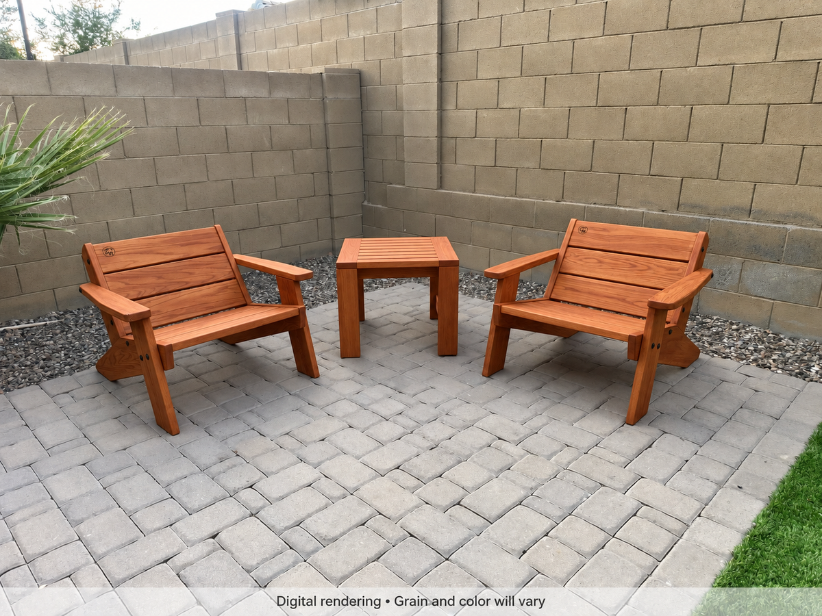 Digital rendering: Low Boy Adirondack Chair Pair with End Table in Cherry / satin oil. Actual grain and color will vary.