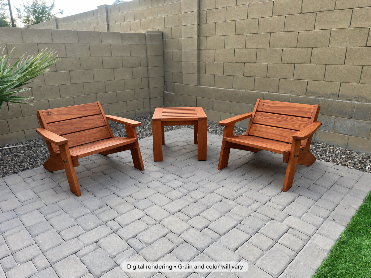 Digital rendering: Low Boy Adirondack Chair Pair with End Table in Genuine Mahogany / natural satin. Actual grain and color will vary.