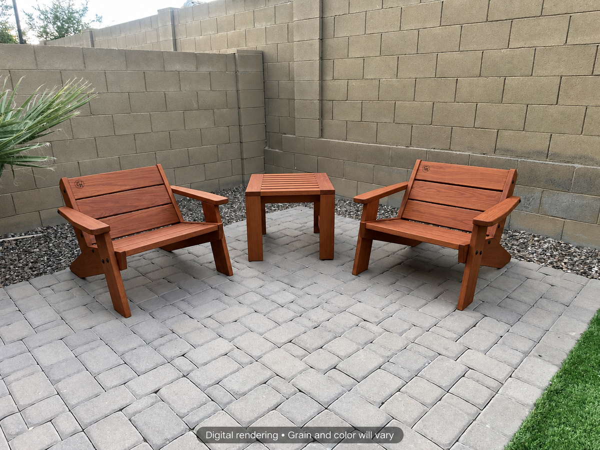 Digital rendering: Low Boy Adirondack Chair Pair with End Table in Genuine Mahogany / satin oil. Actual grain and color will vary.