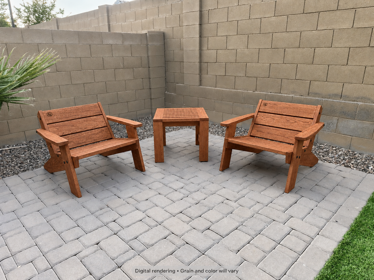 Digital rendering: Low Boy Adirondack Chair Pair with End Table in Leopardwood / matte clear. Actual grain and color will vary.