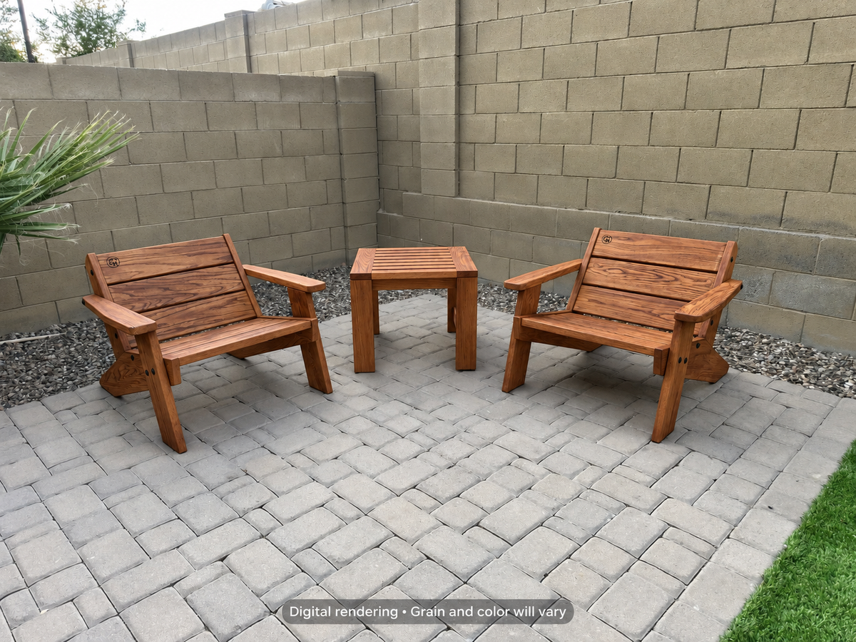 Digital rendering: Low Boy Adirondack Chair Pair with End Table in Mesquite / natural satin. Actual grain and color will vary.