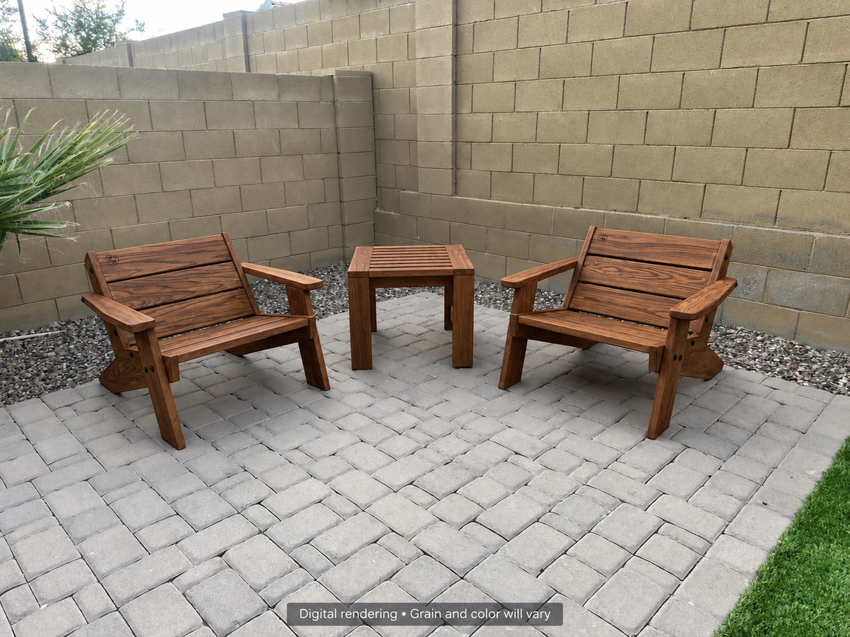 Digital rendering: Low Boy Adirondack Chair Pair with End Table in Mesquite / walnut reserve. Actual grain and color will vary.