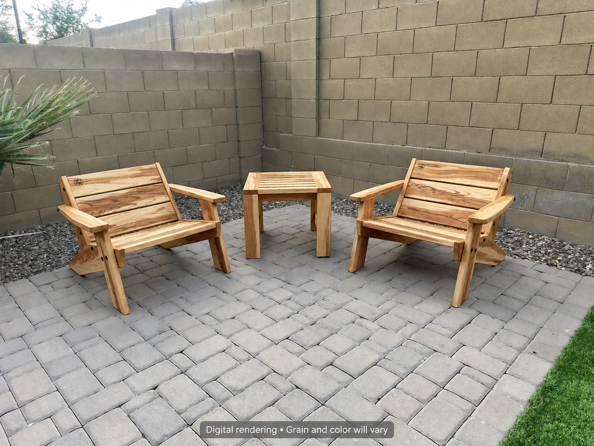 Digital rendering: Low Boy Adirondack Chair Pair with End Table in Natural Hickory / light honey. Actual grain and color will vary.