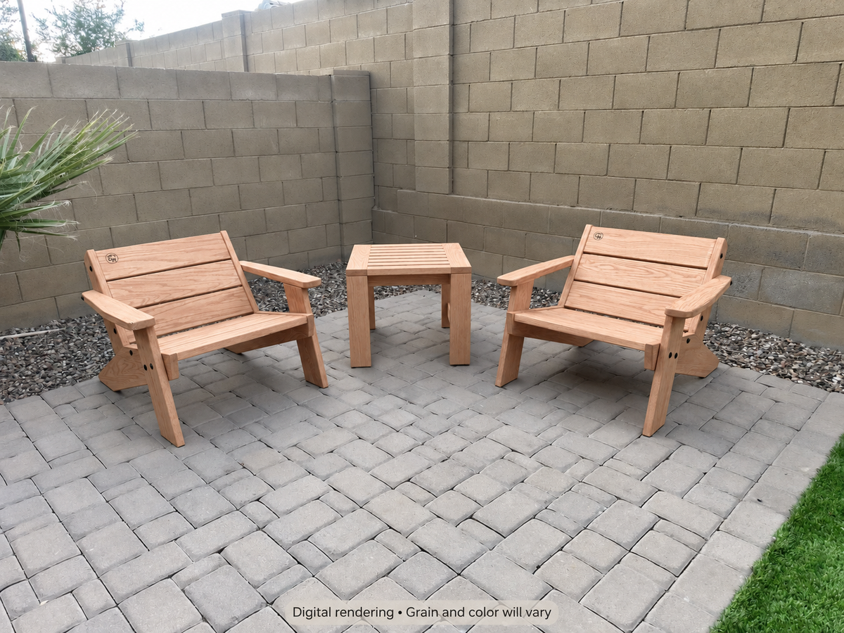 Digital rendering: Low Boy Adirondack Chair Pair with End Table in Red Oak / natural satin. Actual grain and color will vary.