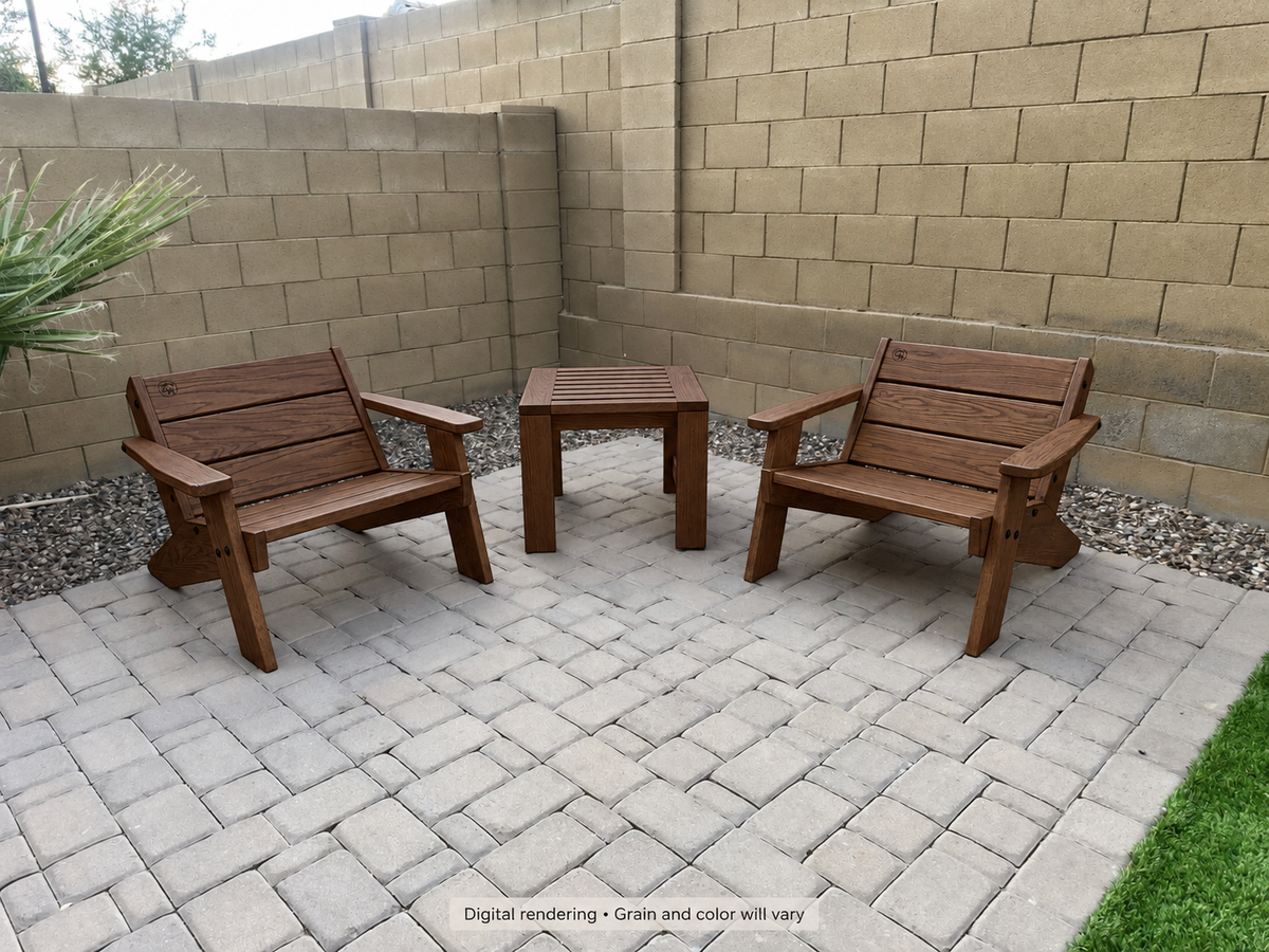 Digital rendering: Low Boy Adirondack Chair Pair with End Table in Red Oak / walnut reserve. Actual grain and color will vary.