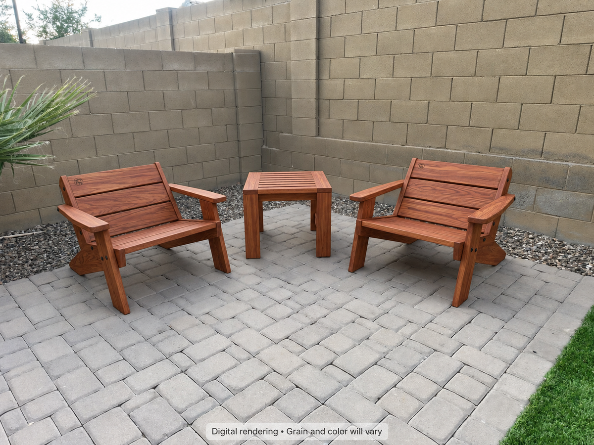 Digital rendering: Low Boy Adirondack Chair Pair with End Table in Sapele Ribbon / natural satin. Actual grain and color will vary.