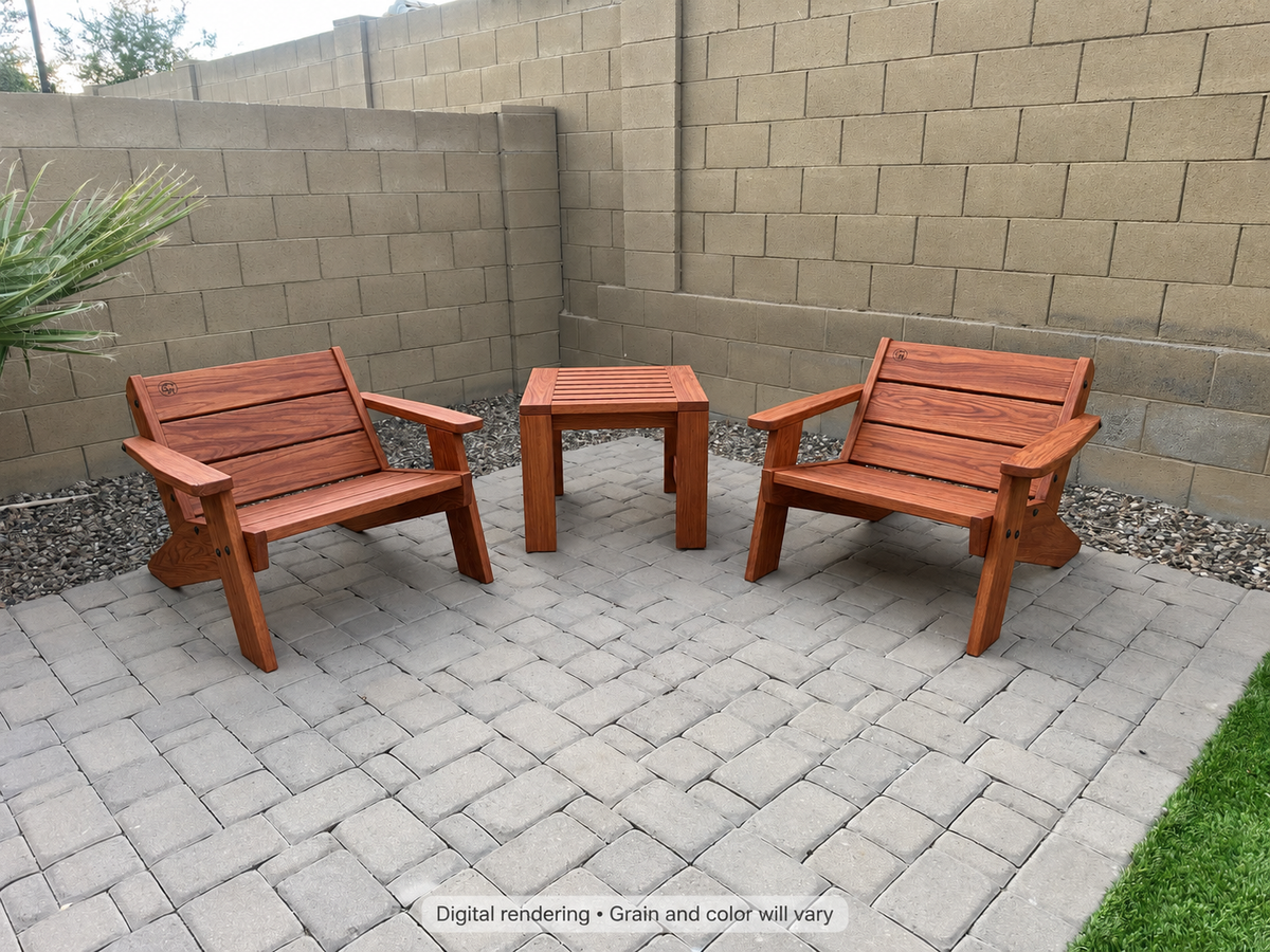 Digital rendering: Low Boy Adirondack Chair Pair with End Table in Sapele Ribbon / satin oil. Actual grain and color will vary.