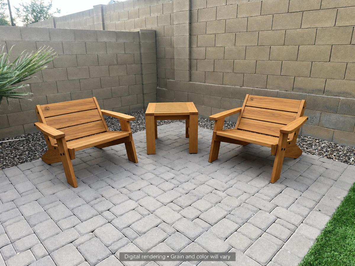 Digital rendering: Low Boy Adirondack Chair Pair with End Table in Teak / natural teak oil. Actual grain and color will vary.