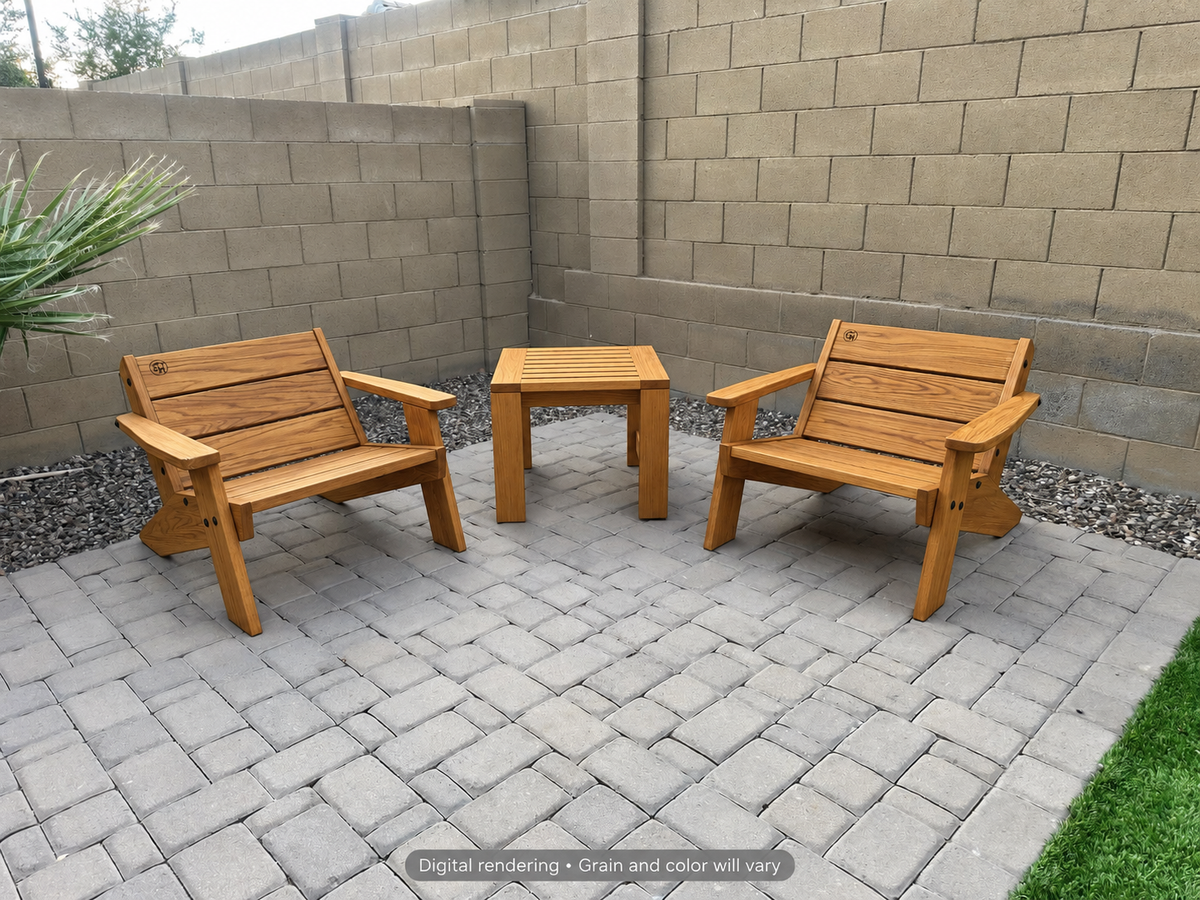 Digital rendering: Low Boy Adirondack Chair Pair with End Table in Teak / satin clear. Actual grain and color will vary.