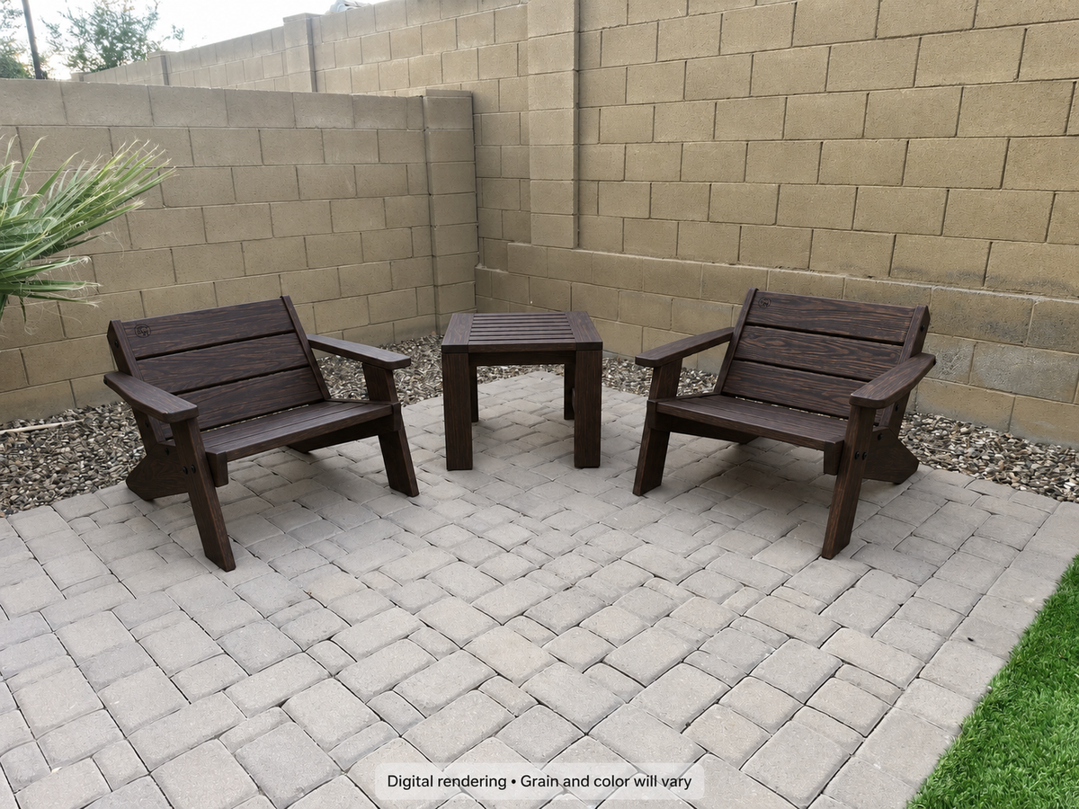 Digital rendering: Low Boy Adirondack Chair Pair with End Table in Wenge / satin clear. Actual grain and color will vary.
