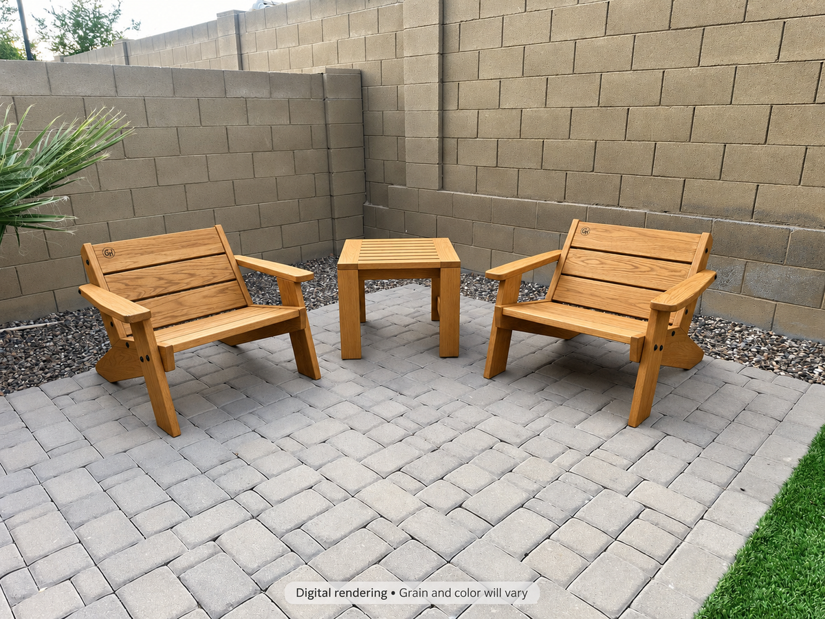 Digital rendering: Low Boy Adirondack Chair Pair with End Table in White Oak / canyon honey. Actual grain and color will vary.