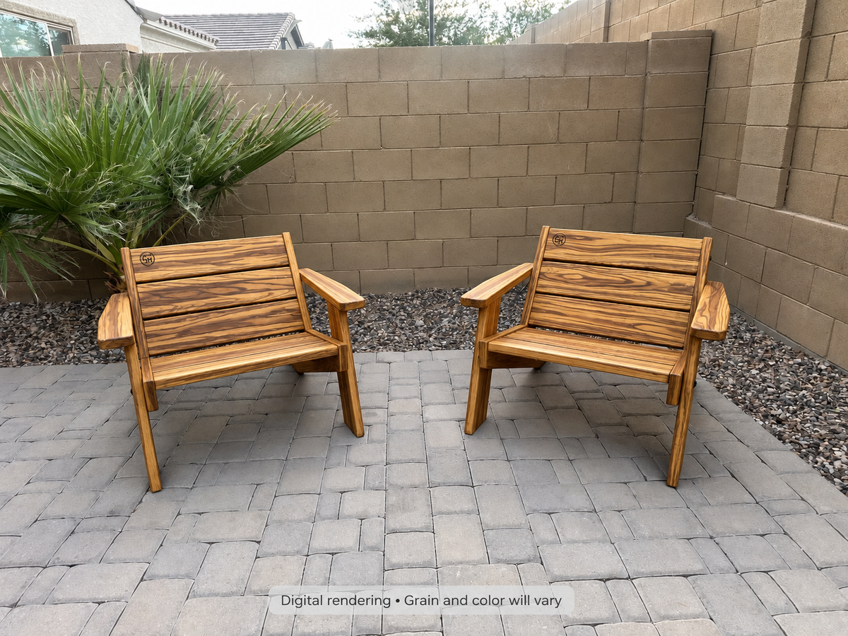 Digital rendering: Low Boy Adirondack Chair Pair in Zebrawood / satin clear. Actual grain and color will vary.